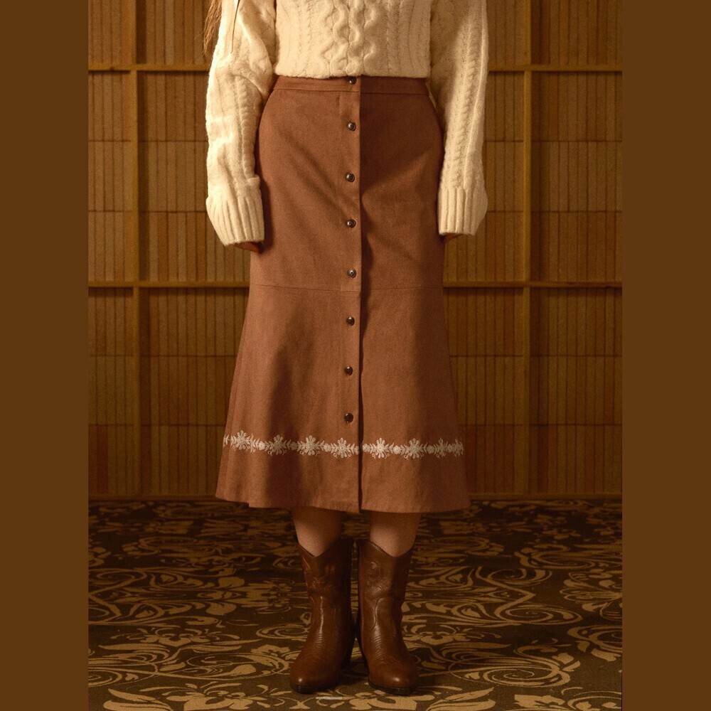 Brown Faux Suede Button Front Cream Floral Trim A-Line Mermaid Midi Skirt